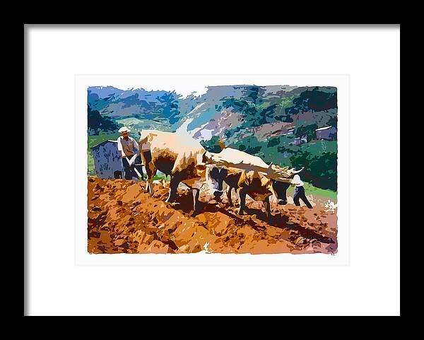 Plow Framed Print featuring the digital art Plowing with oxen by Charlie Roman