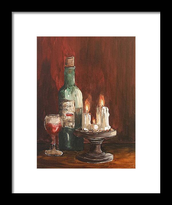 Polish Wine Fire Candle Glass Bottle Still Life Framed Print featuring the painting Polish Wine by Miroslaw Chelchowski