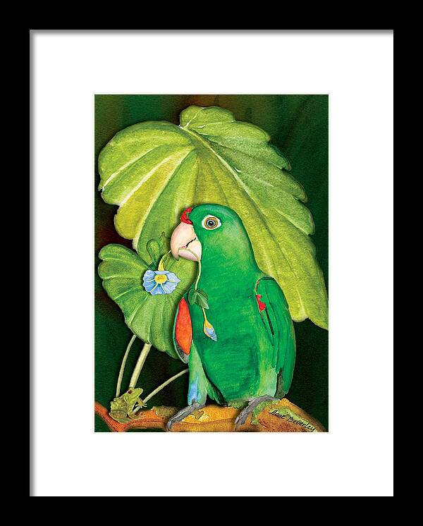 Parrot Framed Print featuring the painting Polly wants a Flower by Anne Beverley-Stamps