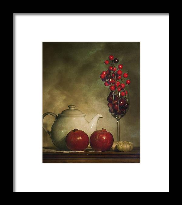 Pomegranates Framed Print featuring the photograph Pomegranates and Tea Pot by Levin Rodriguez