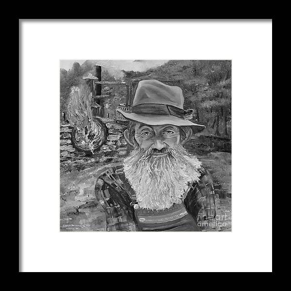 Popcorn Sutton Framed Print featuring the painting Popcorn Sutton - Black and White - Rocket Fuel by Jan Dappen