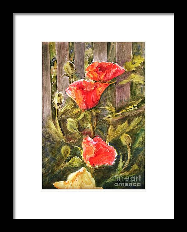 Poppies By The Fence Framed Print featuring the painting Poppies by the Fence by B Rossitto