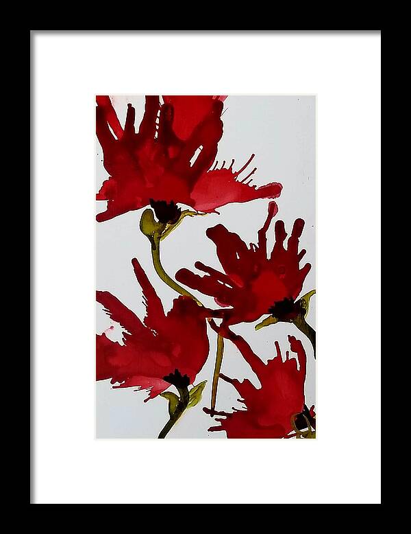 Red Framed Print featuring the painting Poppies by Donna Perry