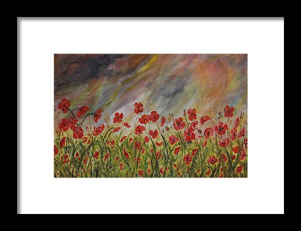 Poppies Framed Print featuring the painting Poppies in a storm by David Capon