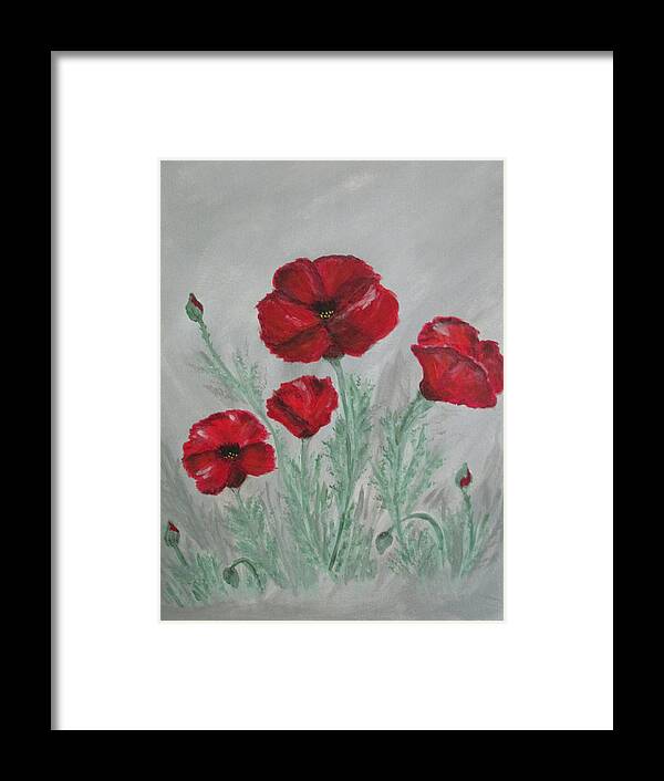 Abstract Poppies Red Flowers Gardens Perennials Mist Gray Orange Olive White Framed Print featuring the painting Poppies In The Mist by Sharyn Winters