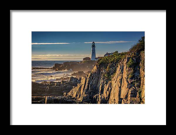 Portland Head Lighthouse Framed Print featuring the photograph Portland Head Light and the Shores of Casco Bay by Rick Berk