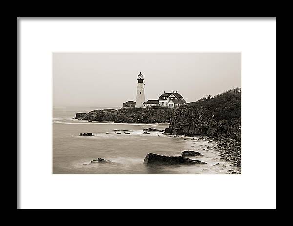 Vacationland Framed Print featuring the photograph Portland Head Lighthouse foggy morning Sepia by David Smith