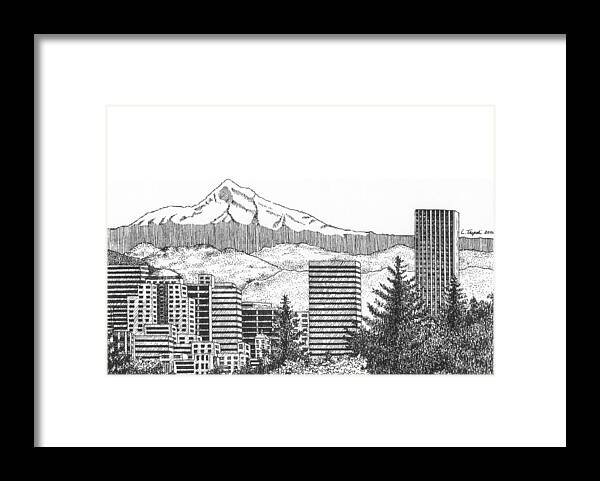 Portland Framed Print featuring the drawing Portland-Mt. Hood by Lawrence Tripoli