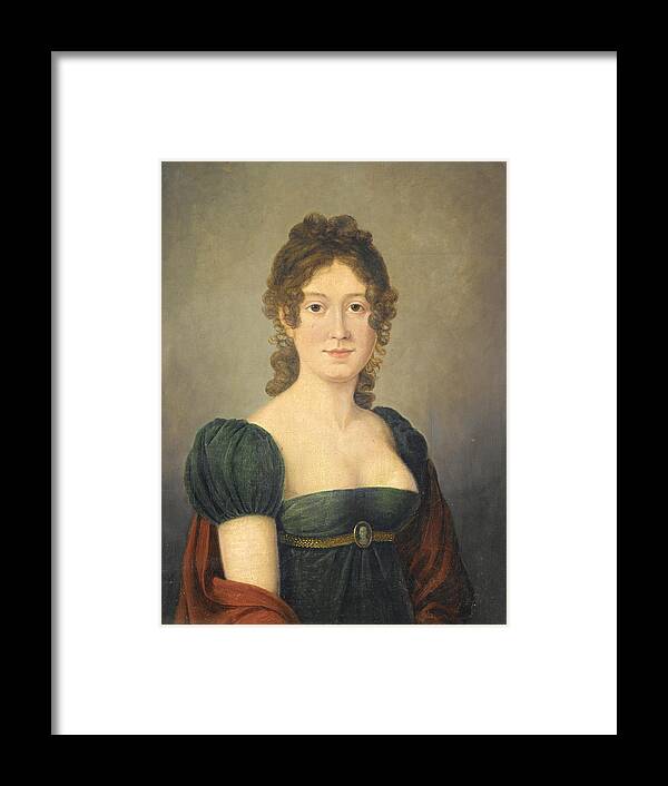French School Framed Print featuring the painting Portrait of a Lady in a Green Dress decorated with a Cameo by French School
