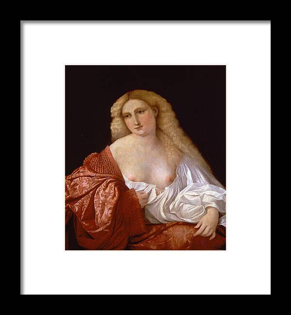 Palma Vecchio Framed Print featuring the painting Portrait of a Woman know as Portrait of a Courtsesan by Palma Vecchio