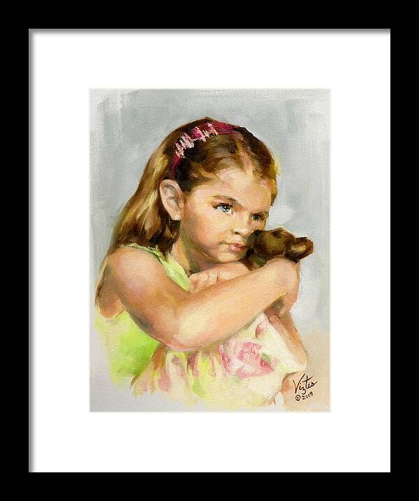 Liz Viztes Framed Print featuring the painting Portrait of a Young Girl with Toy Bear by Liz Viztes