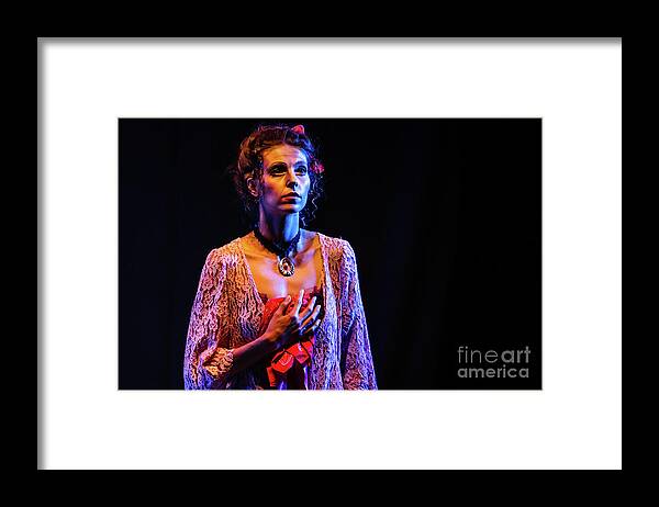 Ballet Framed Print featuring the photograph Portrait of ballet dancer in pose on stage by Dimitar Hristov