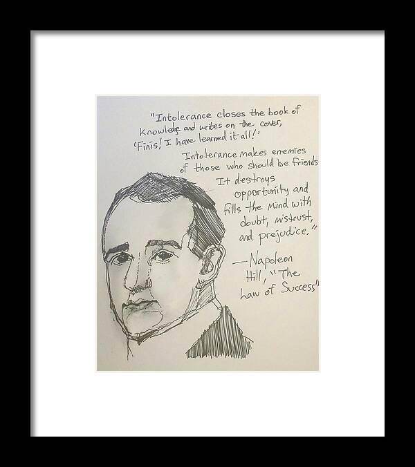 Napoleon Hill Framed Print featuring the drawing Portrait of Napoleon Hill with Quotation by Tim Botta