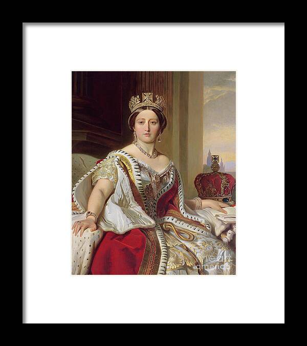 Female; Three-quarter Length; Seated; Crown; Ermine-trimmed Robe; Ermine; Jewellery; Jewelry; Queen; Royal; Imposing; Regal; Robes; Official; Formal; Young; Youth; Queen Framed Print featuring the painting Portrait of Queen Victoria by Franz Xavier Winterhalter