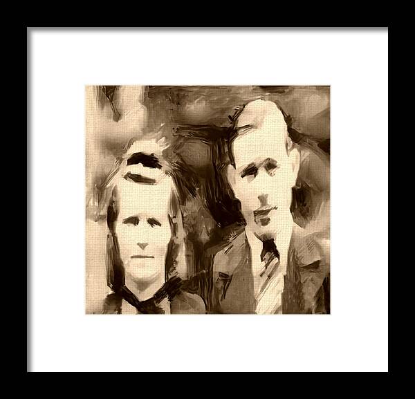 Painting Framed Print featuring the painting Portrait underpainting in umber and browns old couple by MendyZ 