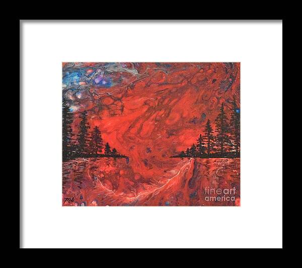 Pour Framed Print featuring the painting Pour - Red and Pines by Monika Shepherdson