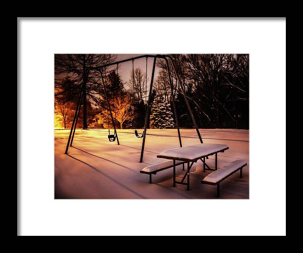 Snow Night Playground Picnic Table Tranquil Dark Nightime Stoughton Wi Wisconsin Wintertime Winter White Fresh Quiet Swingset Framed Print featuring the photograph Powdered Playground by Peter Herman