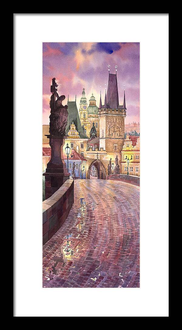 Watercolour Framed Print featuring the painting Prague Charles Bridge Night Light 1 by Yuriy Shevchuk