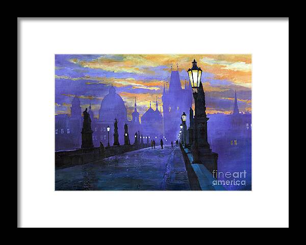 Acrilic On Canvas Framed Print featuring the painting Prague Charles Bridge Sunrise by Yuriy Shevchuk