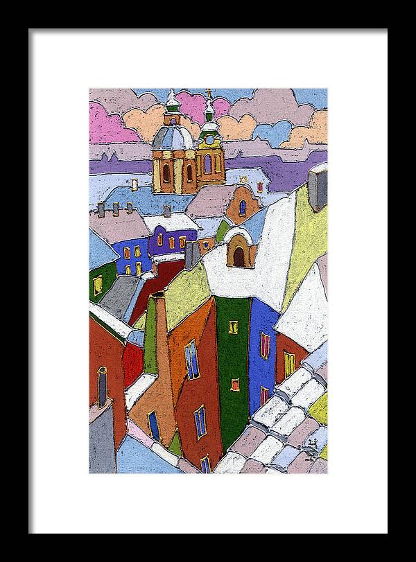 Pastel Framed Print featuring the painting Prague Old Roofs Winter by Yuriy Shevchuk
