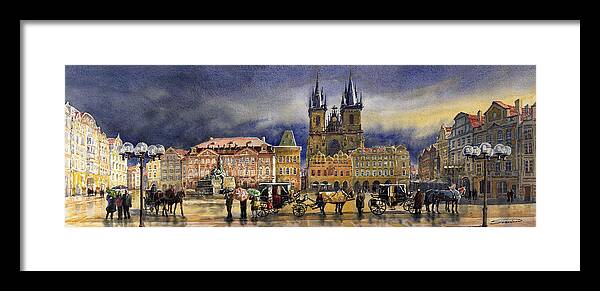 Watercolor Framed Print featuring the painting Prague Old Town Squere After rain by Yuriy Shevchuk