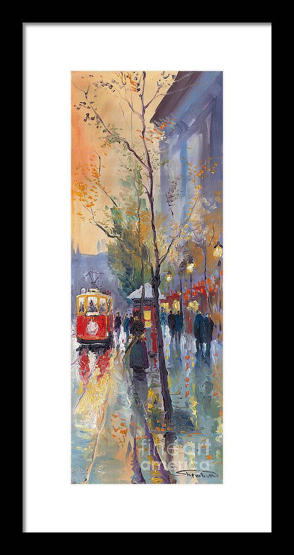 Prague Framed Print featuring the painting Prague Old Tram Vaclavske Square by Yuriy Shevchuk