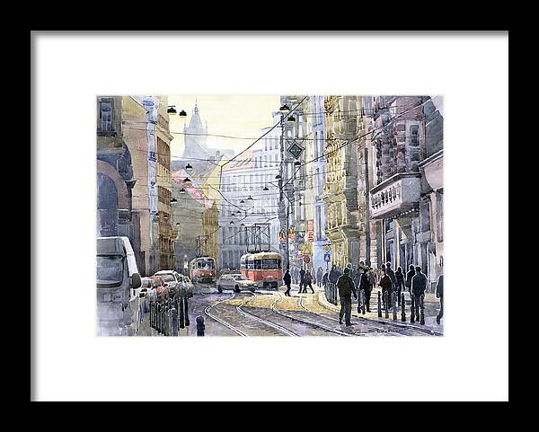Watercolor Framed Print featuring the painting Prague Vodickova str by Yuriy Shevchuk