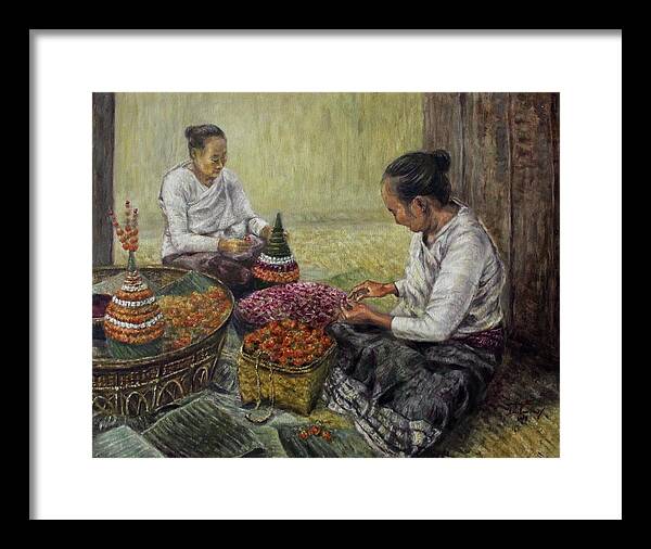 Luang Prabang Framed Print featuring the painting Preparing Flowers Offerings by Sompaseuth Chounlamany