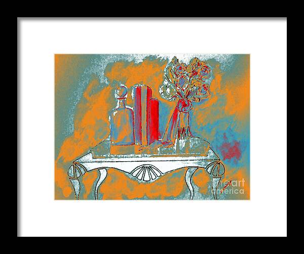 Tablescape Framed Print featuring the painting Pretty in Pink -- Orange and Verdigris Abstract Version by Jayne Somogy