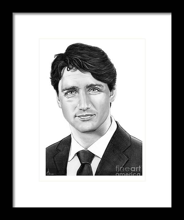 Pencil Framed Print featuring the drawing Prime minister Justin Trudeau by Murphy Elliott