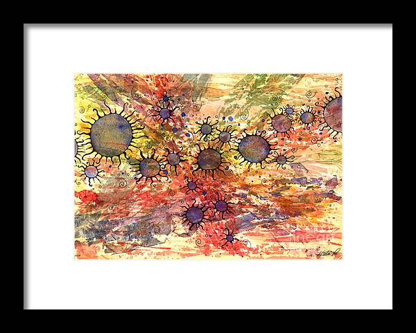 Artoffoxvox Framed Print featuring the mixed media Primordial Suns by Kristen Fox