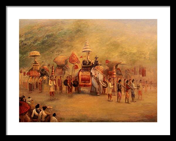 Luang Prabang Framed Print featuring the painting Procession of the King by Sompaseuth Chounlamany