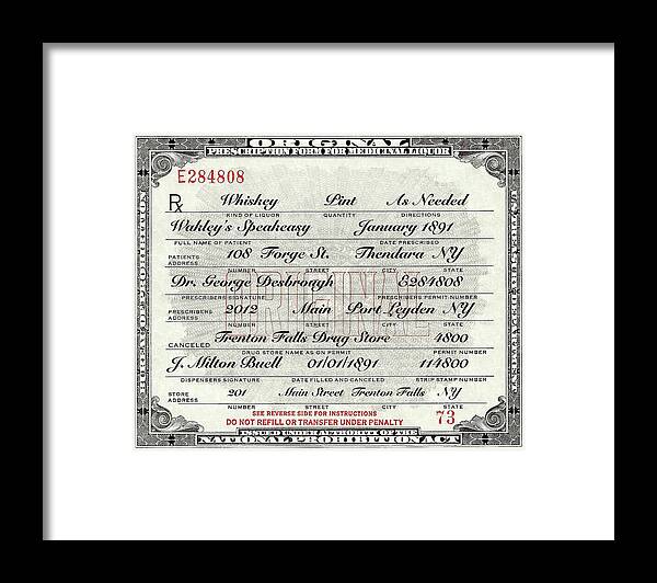 Prohibition Prescription Certificate Speakeasy Framed Print featuring the photograph Prohibition Prescription Certificate Speakeasy by David Patterson