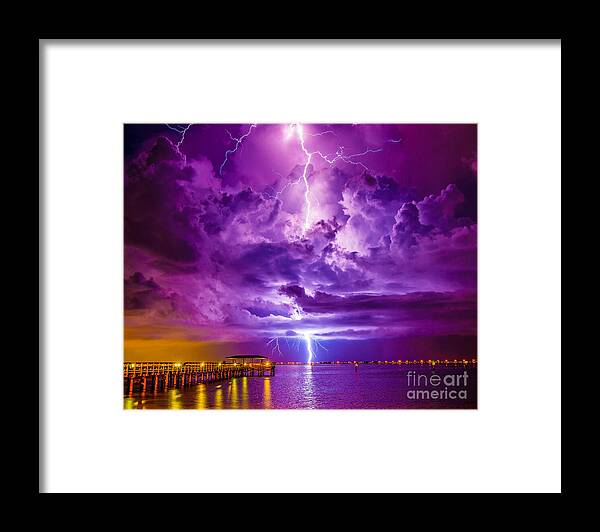 Psychedelic Framed Print featuring the photograph Psychedelic Lightning Seascape by Stephen Whalen
