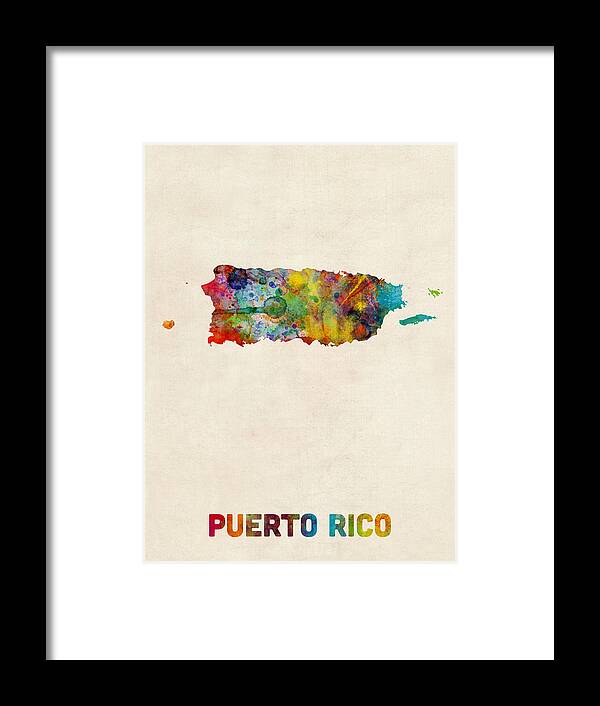 United States Map Framed Print featuring the digital art Puerto Rico Watercolor Map by Michael Tompsett