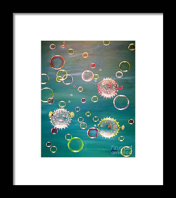 Puffer Fish Framed Print featuring the painting Puffer Fish Bubbles by Karen Jane Jones