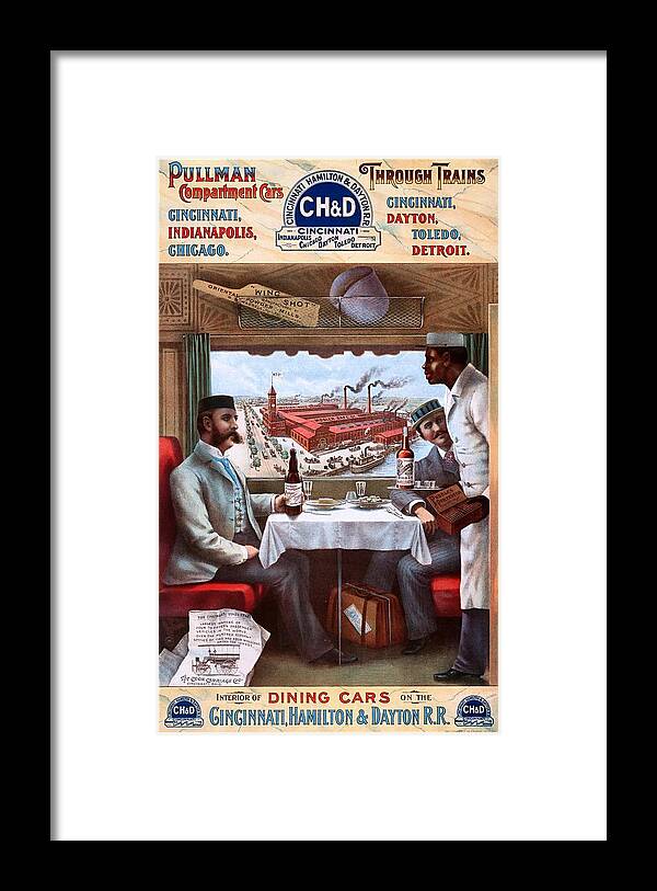 Dinning Car Framed Print featuring the painting Pullman compartment cars through trains, Cincinnati, Hamilton Dayton Rail Road advertising poster, 1894 by Vincent Monozlay