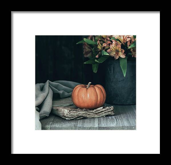 Pumpkin Framed Print featuring the photograph Pumpkin and Flowers Still Life by Kim Hojnacki