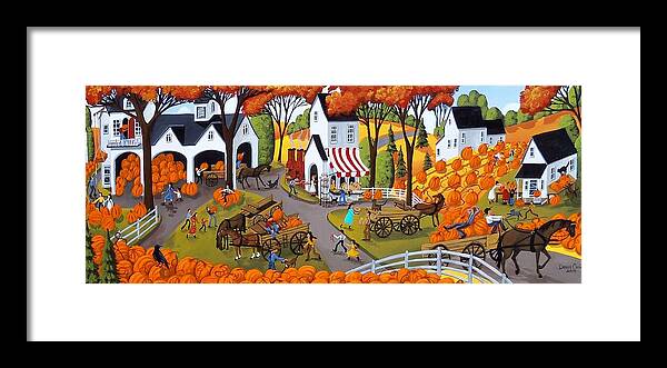 Folk Art Framed Print featuring the painting Pumpkin Festival - folk art landscape by Debbie Criswell