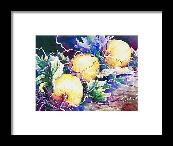 Pumpkins Framed Print featuring the painting Pumpkin Time by Connie Williams