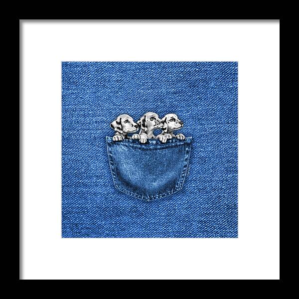 Children Framed Print featuring the digital art Puppies In A Pocket by Cindy Anderson