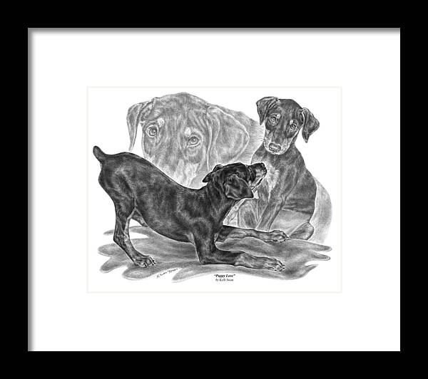 Black And Tan Doberman Framed Print featuring the drawing Puppy Love - Doberman Pinscher Pup by Kelli Swan