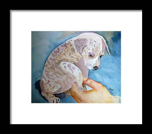 Puppy Framed Print featuring the painting Puppy Shaking Hands by Sandy McIntire