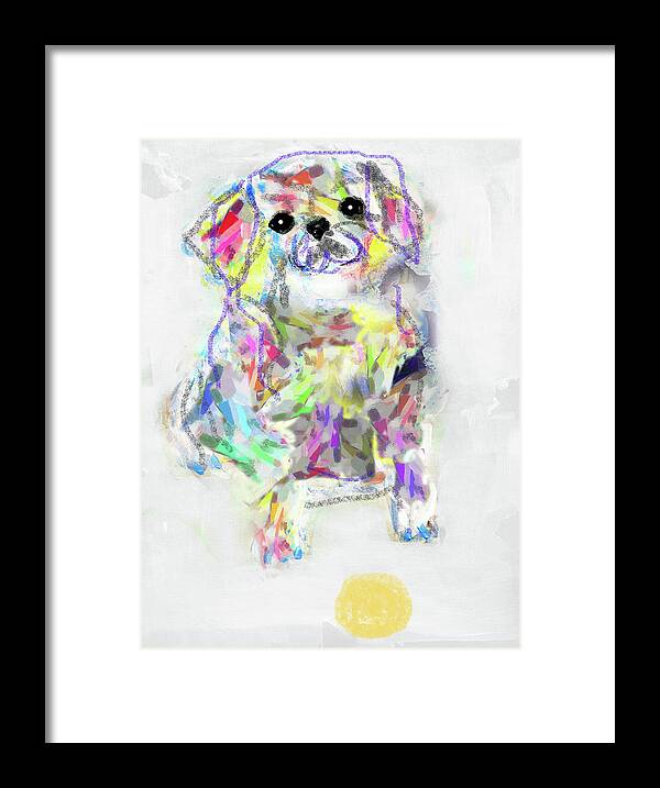 Neon Framed Print featuring the painting Puppy with ball by Claudia Schoen