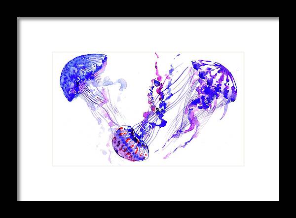 Jellyfish Framed Print featuring the painting Purple BLue Jellyfish by Suren Nersisyan
