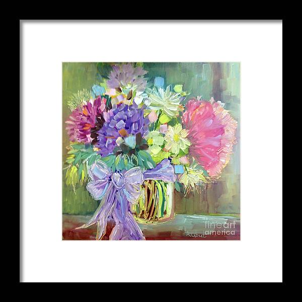 Oil Framed Print featuring the painting Purple Bow by Rosemary Aubut