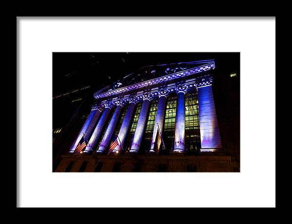 Georgia Mizuleva Framed Print featuring the digital art Purple New York Stock Exchange at Night - Impressions Of Manhattan by Georgia Mizuleva
