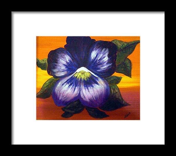 Pansy Framed Print featuring the painting Purple Pansy on Orange by Nancy Sisco