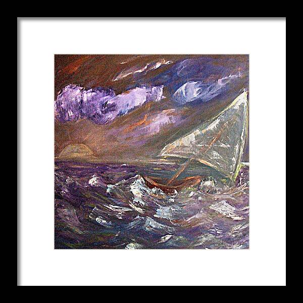 Katt Yanda Original Art Landscape Oil Painting Canvas Purple Sea Ocean Storm Waves Tipping Sailboat Dusk Sunset Framed Print featuring the painting Purple Sea Storm by Katt Yanda