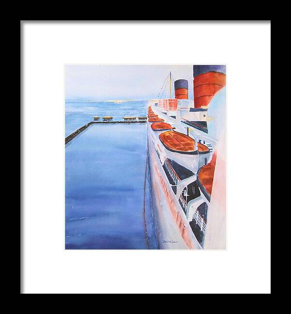 Queen Mary Framed Print featuring the painting Queen Mary from the Bridge by Debbie Lewis